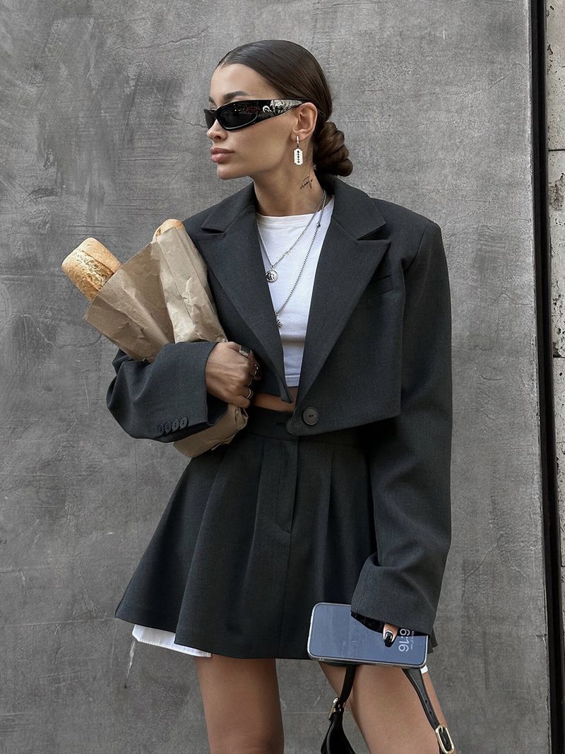 Women's Blazer And Mini Skirt Set - European American Style, 2025 Y2K Aesthetic, Structured Shoulder, Lapel Collar Blazer + Mini Skirt Suit_voghion.com