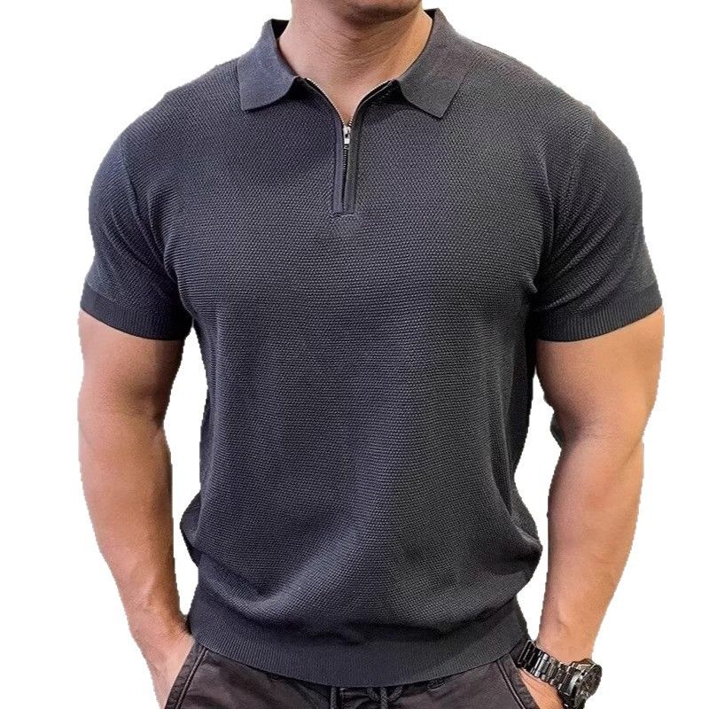 Half Zip Ice Silk gebreid overhemd voor heren Zomer Slim Fit T-shirt, Licht Volwassen Stijl Dun T-shirt met Korte Mouwen_voghion.com