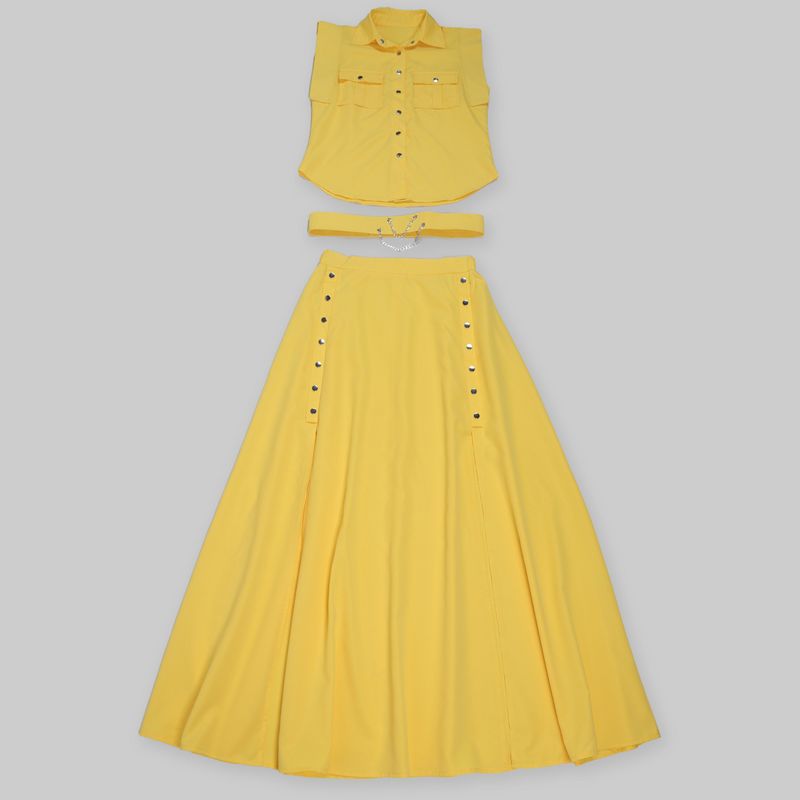 Vêtements pour femmes, couleur unie, revers, sans manches, vêtements de travail, jupe longue fendue, costume deux pièces_voghion.com