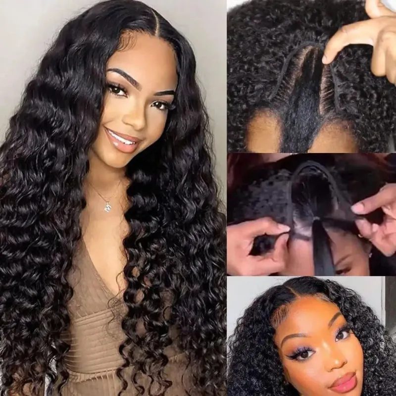 Peluca de cabello humano con ondas al agua, color negro natural, Remy, hecha a máquina, con parte en V y rizos profundos de densidad 180_voghion.com