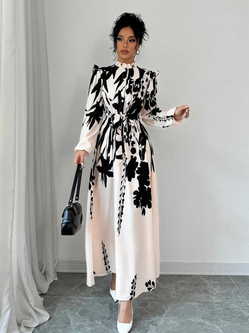 Dameskleding dames bloemen taille lange mouw A-lijn jurk voorkant knoop taille print lange rok_voghion.com