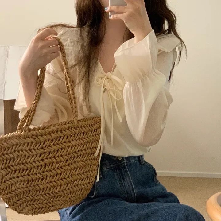 Korean Chic 2024 Spring/Summer New Style Loose Fungal Edge Strap Gentle and Sweet Temperament Purple Top Shirt_voghion.com