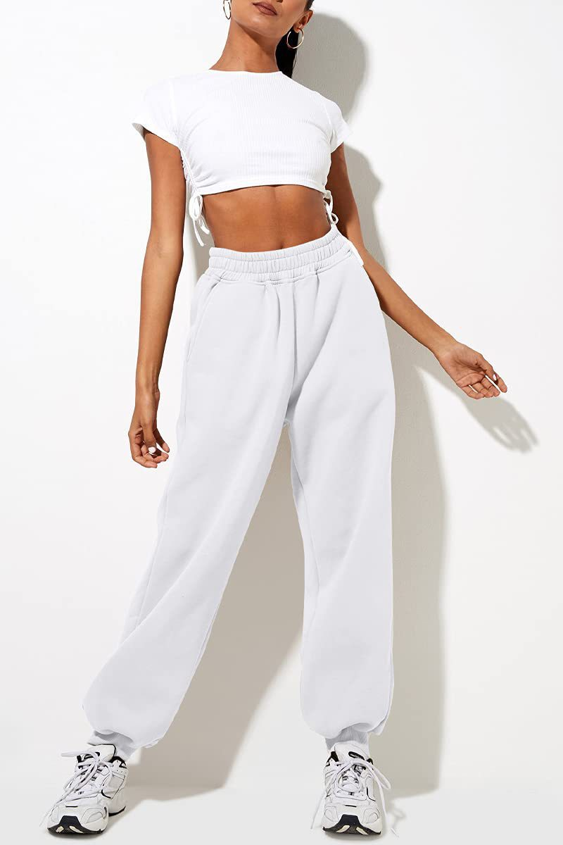 Pantaloni casual sportivi in tinta unita da donna con gambe larghe_voghion.com