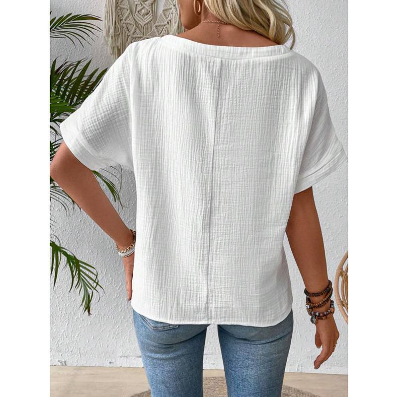 Effen dames T-shirt met V-hals en korte mouwen_voghion.com