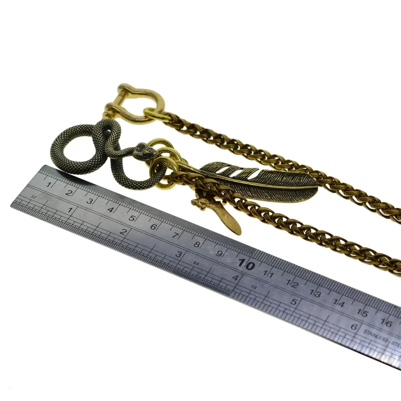 Portachiavi con gancio a forma di serpente in ottone massiccio, per pantaloni da motociclista, con catena, teschio, pugnale, piuma, regalo Edc 250430_voghion.com