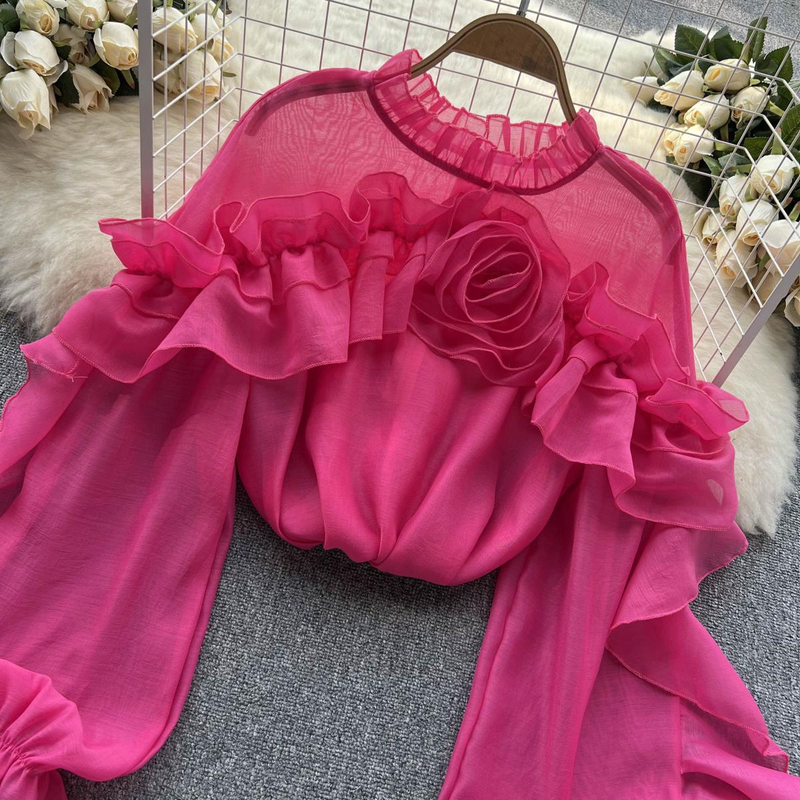 Women's Clothing Designed irregular ruffled mesh shirt for women in spring and autumn pullover pleated niche slim and chic top trendy_voghion.com
