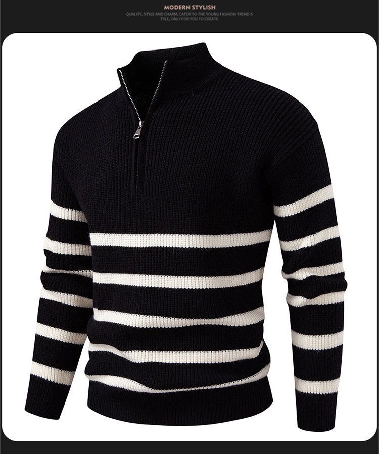 Modischer Herren-Strickpullover mit Stehkragen und halbem Reißverschluss, gestreifter Freizeitpullover für Herbst und Winter_voghion.com