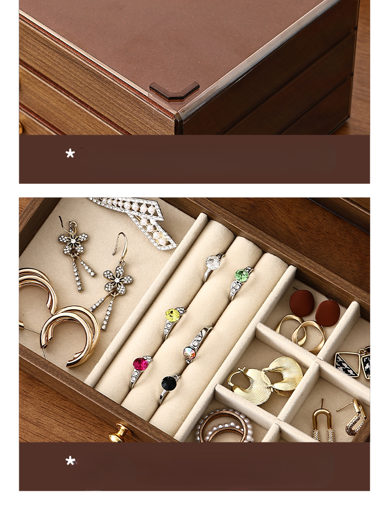 Joyero multifuncional tres en uno de madera maciza con cajón, color nogal, resistente al polvo y a la humedad._voghion.com