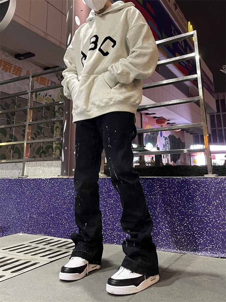 Herrenbekleidung High-Street-Fashion-Marke Splash Ink Micro-Schlagjeans für Herren im Retro-Stil, lockere, gerade, lässige, bodenlange Hose_voghion.com