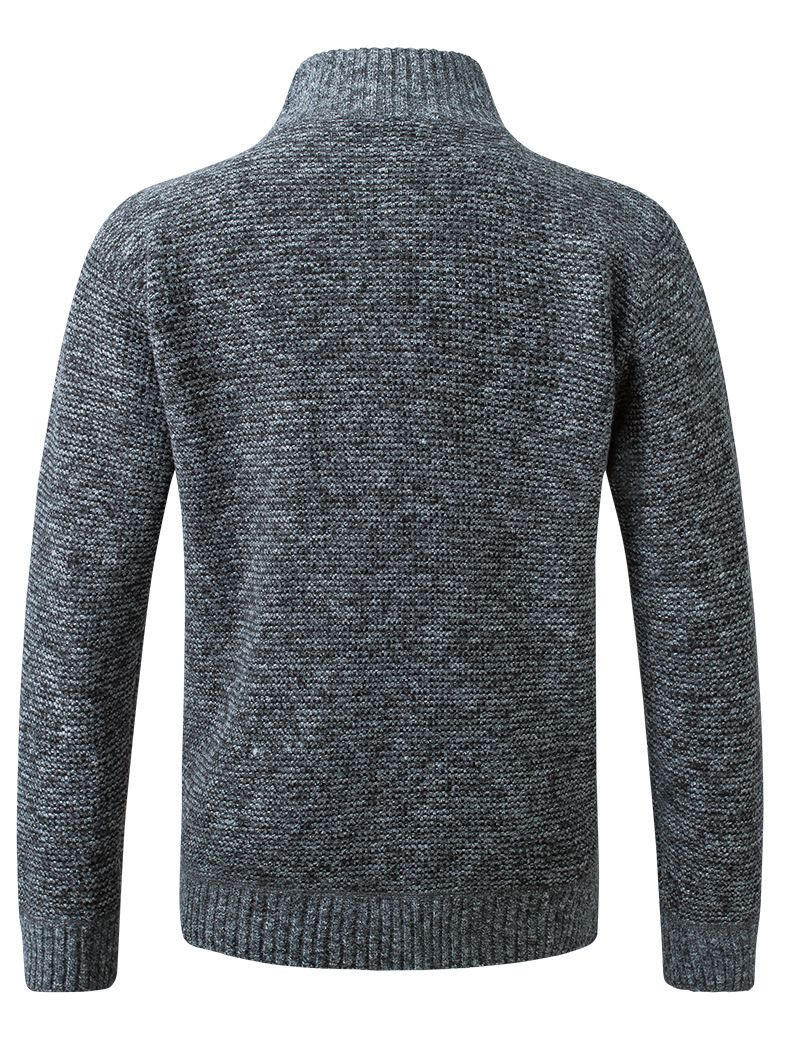 Men's stand collar striped check zipper plus cashmere fashion color matching warm knit coat sweater_voghion.com