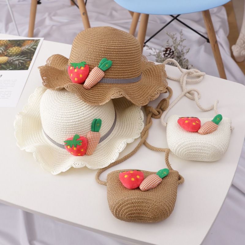 Vendita calda ragazze paglia turismo fiore bambini cappello da sole e borsa set bambino all'aperto largo tesa secchio cappelli set_voghion.com