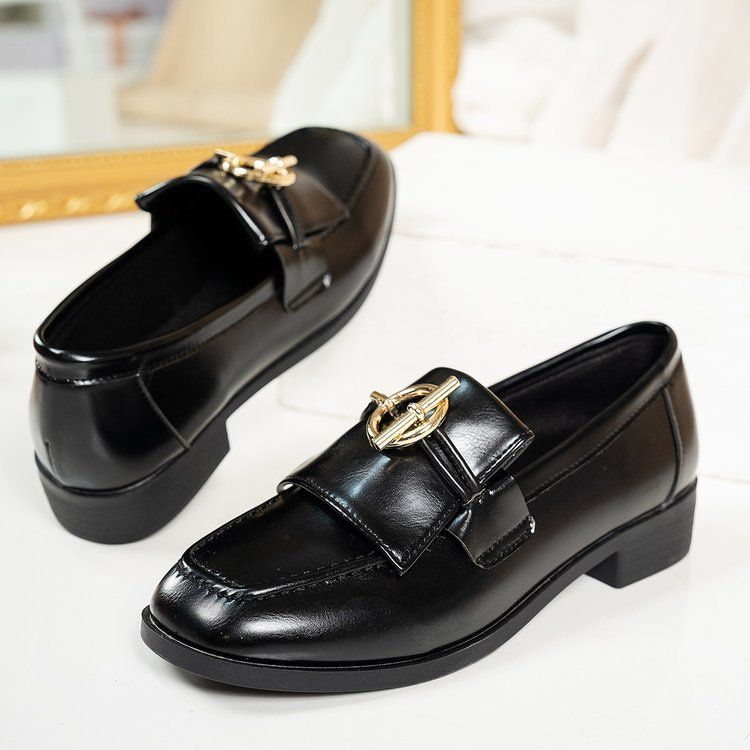 New School Style Square Toe Chunky Small Leather Shoes And Slip-on Solid Color Loafers_voghion.com
