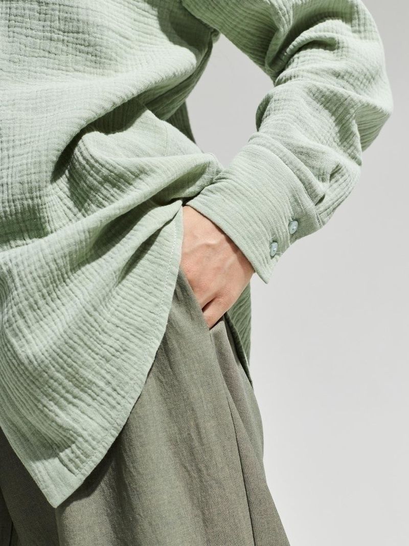 Damenbekleidung Saison Langarmhemd aus reiner Baumwolle Krepp Neues bequemes lockeres Hemd Schal_voghion.com