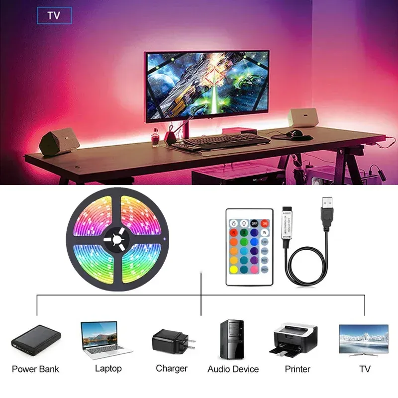Tira de luces LED USB con control por aplicación que cambia de color, luz LED RGB 5050, cinta flexible para decoración de habitaciones, diodo de retroiluminación de TV_voghion.com