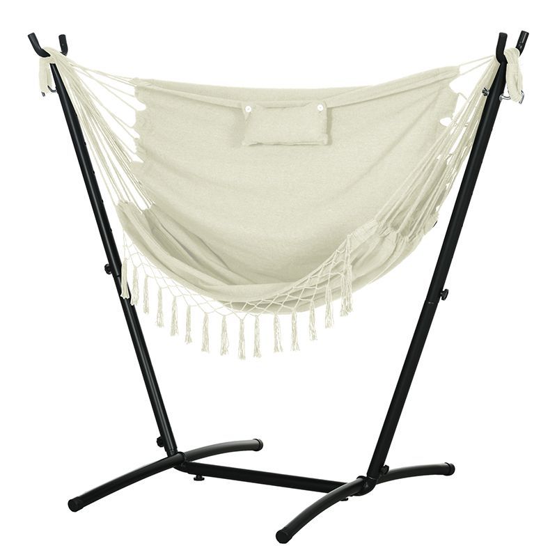 Outdoor Hammock Chair With Stand, Swing Hanging Lounge, Cream White With Side Pocket & Headrest_voghion.com