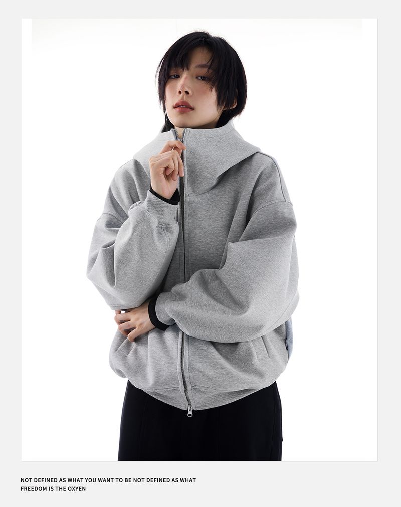 Loose Culture Oversized Air Layer Gray Hoodie Autumn Winter Unisex Style Jacket For Women_voghion.com