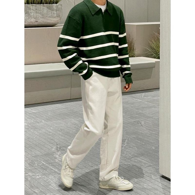 Men's Half-Zip Stripe Sweater - Thick Fleece Lined Knit, Oversized Collar, Relaxed Fit, Polyester Blend (Green/Black)_voghion.com