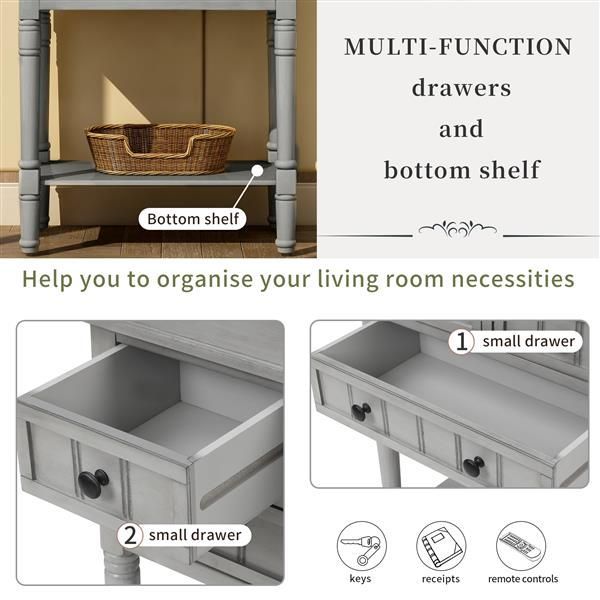 Narrow Console Table, Slim Sofa Table With Three Storage Drawers And Bottom Shelf For Living Room, Easy Assembly (Gray Wash)_voghion.com