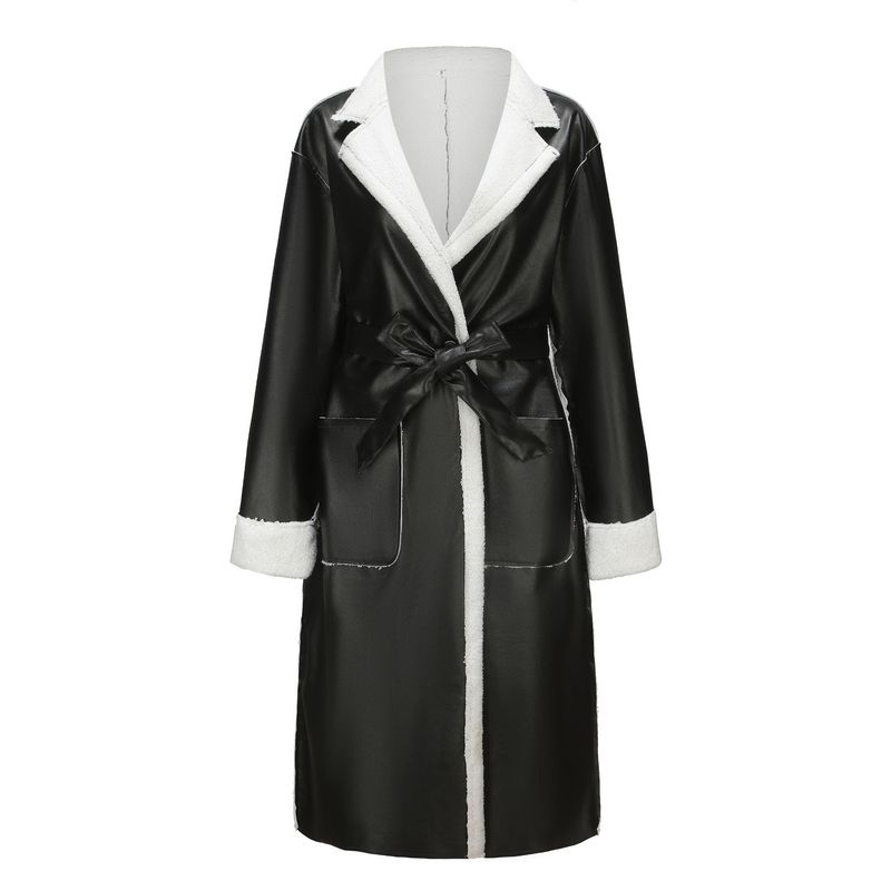 Women's Clothing autumn and winter long casual leather material, plush and thickened windbreaker, loose and fashionable leather jacket_voghion.com