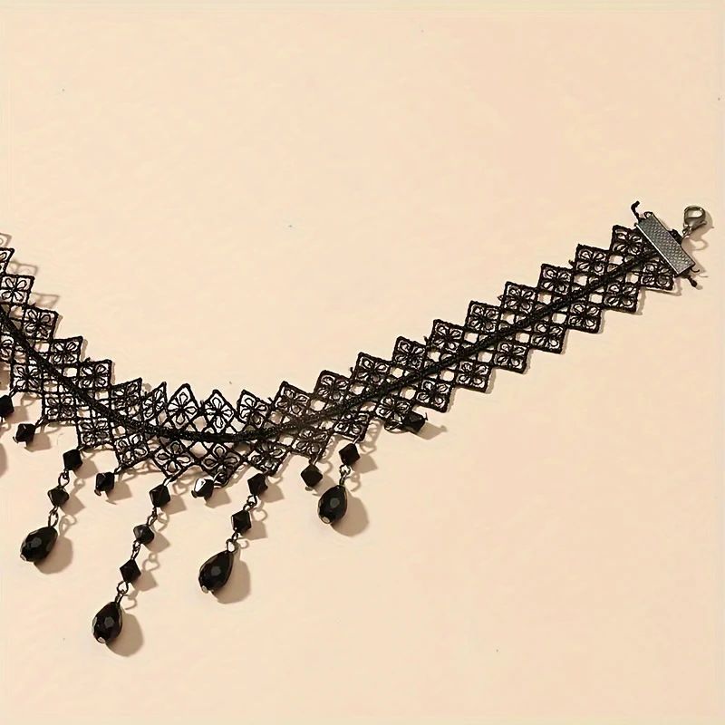 Collana girocollo con cristalli neri audaci da donna - Collana con catena in pizzo unica_voghion.com