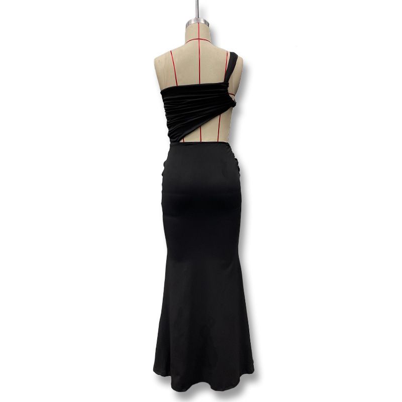 Abito lungo arricciato con lacci, tinta unita, alla moda, con schiena scoperta, monospalla, estivo 2025_voghion.com