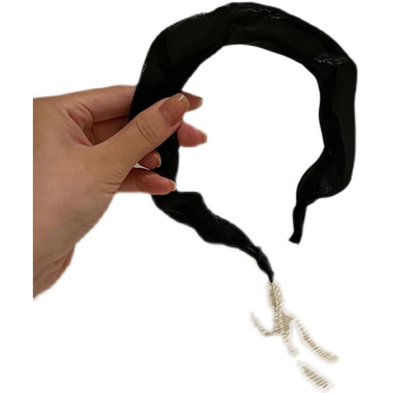 Fascia per capelli a tesa larga con aumento di altezza, in maglia di perle nere, stile francese, di qualità imbattibile_voghion.com