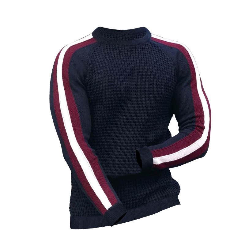 Menswear Autumn And Winter Waffle Long Sleeve Crew Neck Shirt Men's Contrast Color Slim Fit Bottom Sports Casual Sweater Men_voghion.com