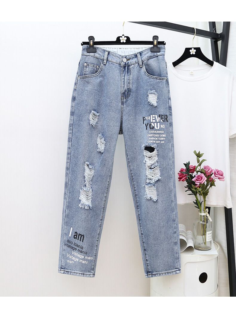 Damkläder Stora storlekar Slitna jeans Niopunktsbyxor Lösa harembyxor_voghion.com
