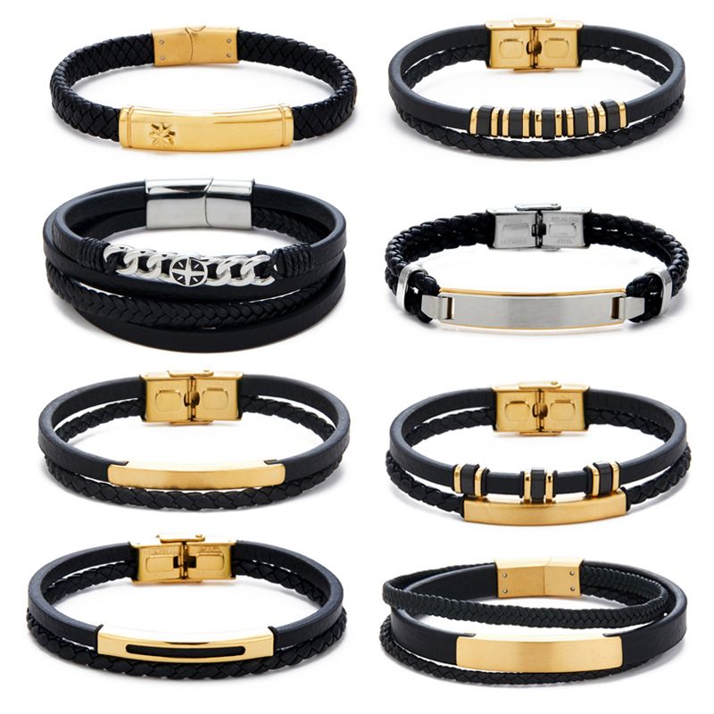 Bracciale intrecciato multistrato personalizzato da uomo in acciaio inossidabile con etichetta curva, cinturino in pelle_voghion.com