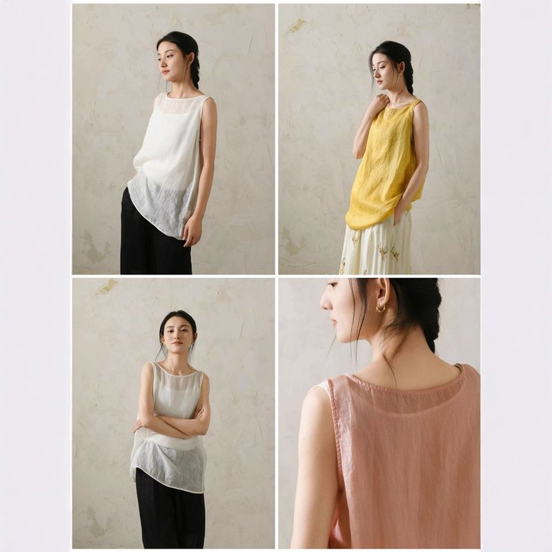 2025 Summer New Style Artistic Casual Versatile Sleeveless Loose Layered Base Linen Camisole Tank Top For Women_voghion.com