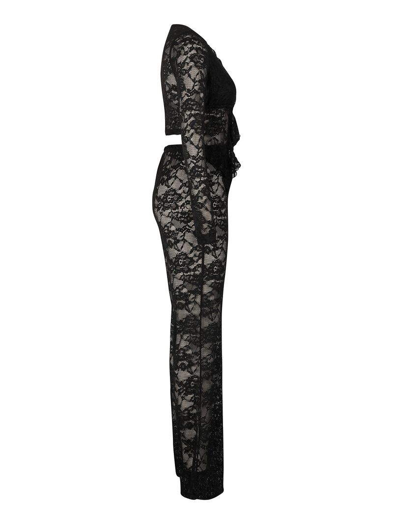 Completo da donna sexy in due pezzi con pizzo floccato, top a maniche lunghe in rete trasparente e pantaloni per serate in discoteca_voghion.com