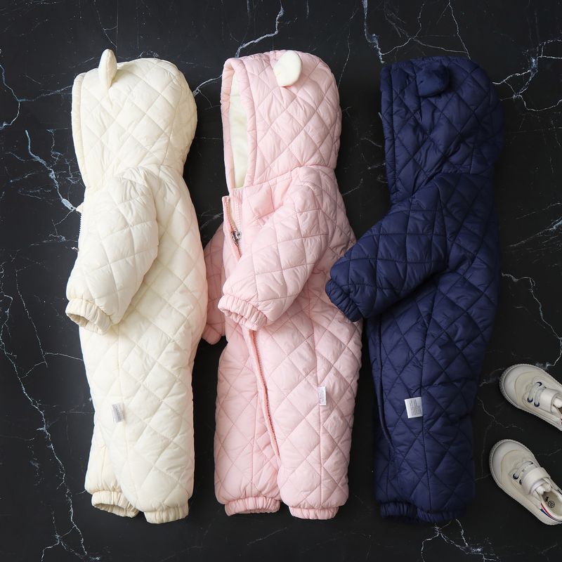 Cozy Fleece-Lined Hooded Baby Jumpsuit With Adorable Ear Design - Winter Warm One-Piece Romper For Toddlers (1-3 Years, 80-100cm) - Soft Polyester_voghion.com