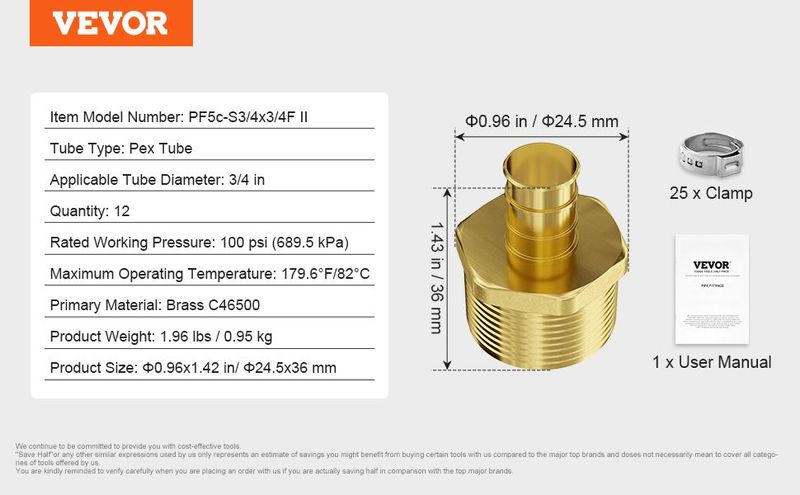 VEVOR Pipe Fittings 1/2" 25PCS Brass Clamp-style 1/2 NPT External Thread For Air_voghion.com