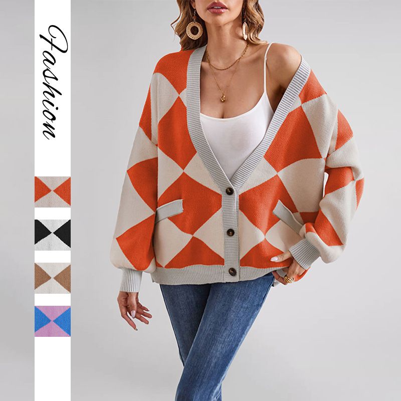 2025 Inverno Transfrontaliero Europeo E Americano 2025 Saldi Caldi Scollo a V Trapuntato Patchwork Color-Block Maglia Larga_voghion.com