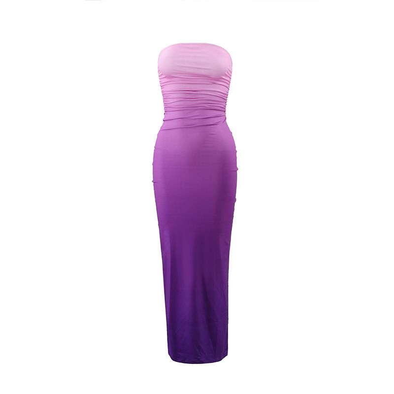 Ropa de mujer, top de tubo ajustado sexy de verano, color degradado, falda de un solo paso mediana y larga_voghion.com