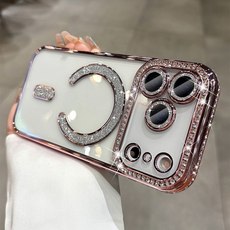 NEW Orange Luxury Sparkle Diamond Transparent Magnetic Case For IPhone 17 16 15 14 13 ProMax 17Air Full Lens Coverage Soft Cover_voghion.com