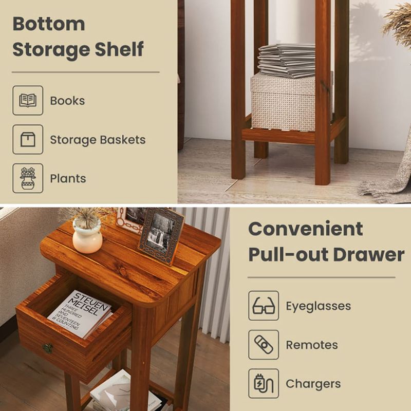 2 Tier Slim Nightstand Bedside Table With Drawer Shelf_voghion.com