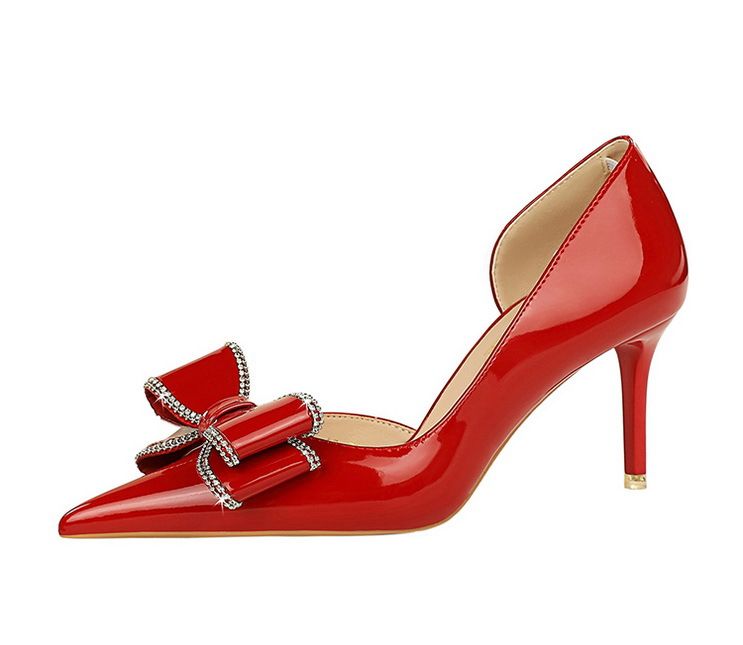 638-AH35 Modische Bankettschuhe für Damen mit hohen Absätzen, flacher Öffnung, spitzer Zehenpartie, Lackleder-Seitenluft, Diamantschleife_voghion.com