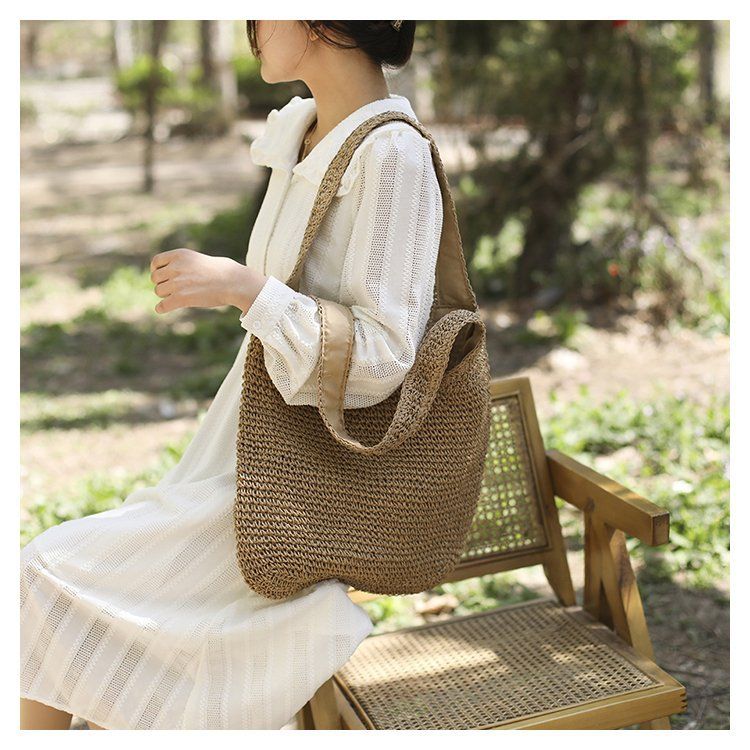 Borsa da spiaggia grande capienza casual intrecciata a mano con tracolla singola serie Grass Forest_voghion.com