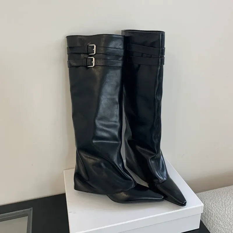 Spitzschuh Damen Winterstiefel Keil High Heels Gürtelschnalle Schwarz Braun PU Leder Botas Fashion Abendschuhe Frau 39_voghion.com