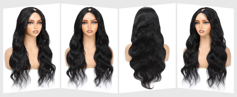 Pelucas sintéticas con clip para mujer, peluca de media cabeza con parte en V, negra, con ondas grandes, larga y rizada, de moda._voghion.com