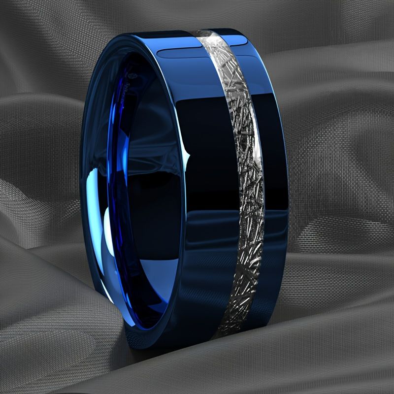 Vendite calde Moda 8mm Blu Acciaio inossidabile Per Vintage Argento Colore Meteoriti Intarsiato Promessa Anello Uomo Fede nuziale Gioielli Regali_voghion.com