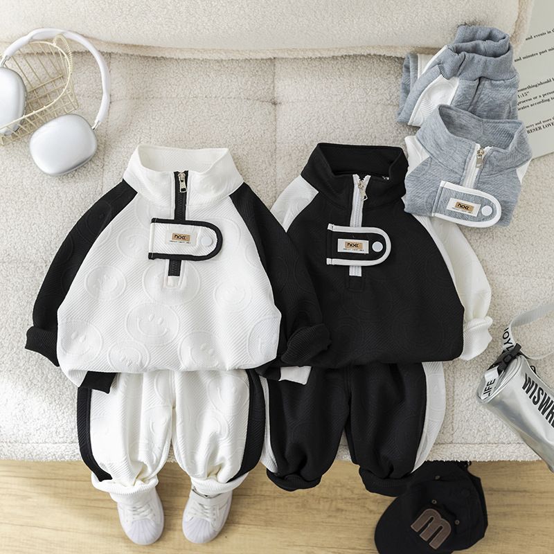 Completo da bambino in stile coreano, 2 pezzi, a maniche lunghe, casual, per primavera e autunno (bianco/nero/grigio, altezza 80-130 cm)_voghion.com