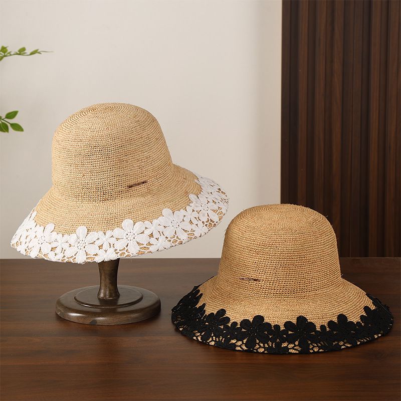 Lace Raffia Women's Summer Hand Knit Wide Brim Foldable Sun Protection Fisherman's Hat_voghion.com
