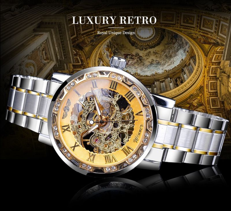 Orologio meccanico di lusso da uomo con scheletro e diamanti, cinturino in lega - Orologio elegante e casual per uomo, orologio meccanico manuale con strass cavi_voghion.com