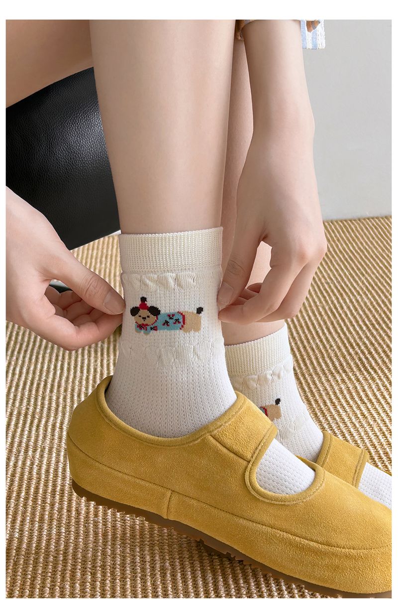 Cartoon Puppy Cotton Socks Spring And Summer Thin Women's Ins Polka Dot Stripes Milk White Hundred Hundred Medium Socks_voghion.com
