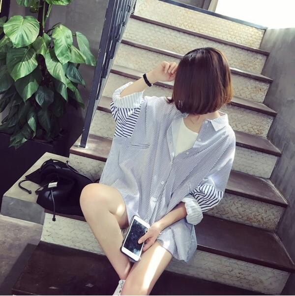 Women's Clothing Autumn striped shirt women's mid length long sleeved large size student versatile loose boyfriend style jacket village clothes_voghion.com