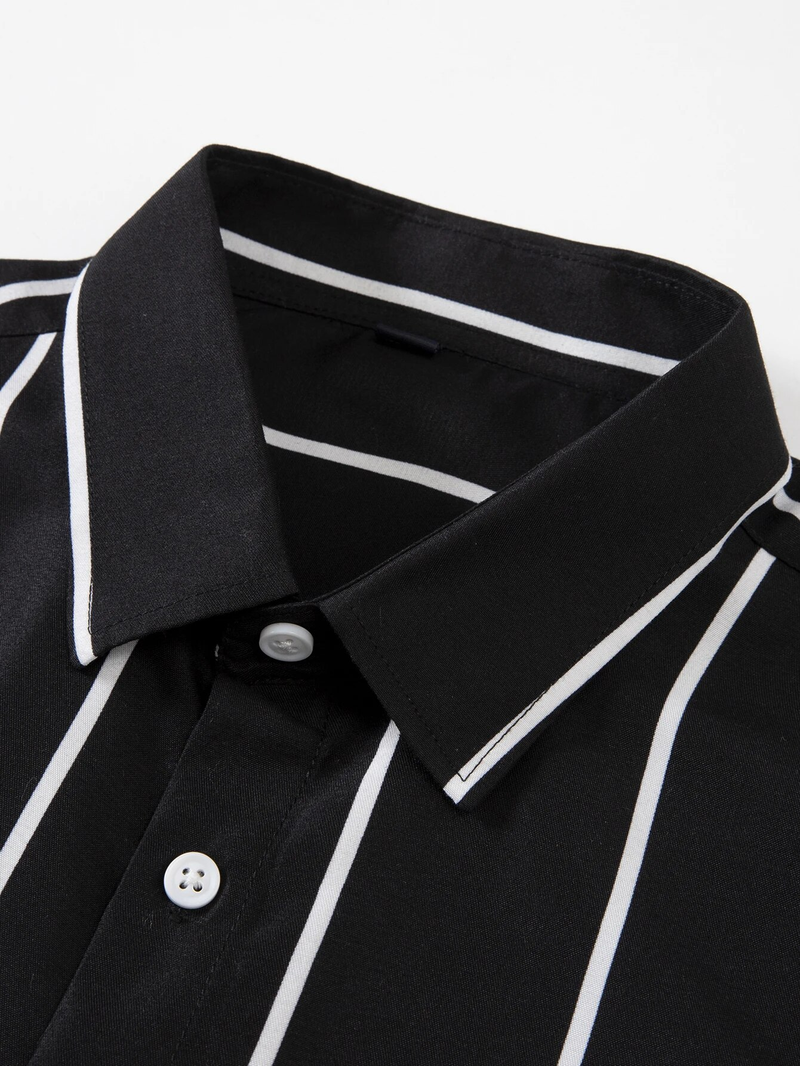 Camicia da uomo a maniche lunghe a righe larghe slim fit casual moda nero bianco top_voghion.com