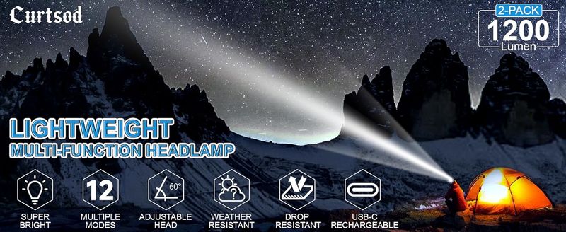 Curtsod Rechargeable Headlamp, 2-Pack 1200 Lumens Super Bright White Red LED Headlamp Flashlight, 12 Modes, Motion_voghion.com