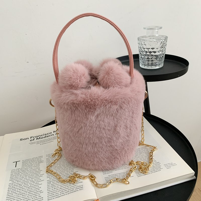 Borsa a tracolla monospalla con coulisse, antifurto, pompon, in peluche, per donna, alla moda, secchiello_voghion.com